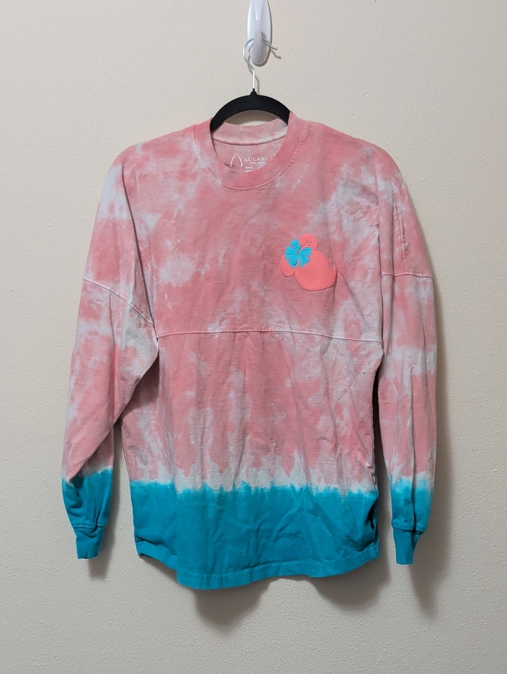 Disney Aulani Pink & Teal Tie-Dye Spirit Jersey with Hibiscus Minnie Mouse Patch